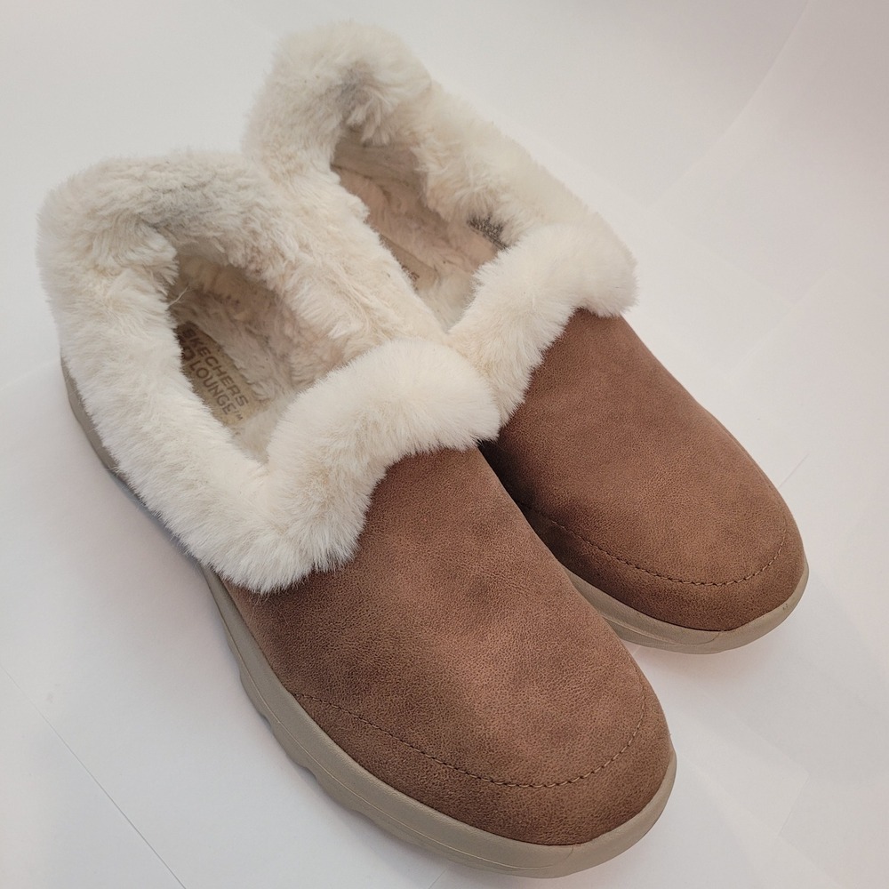 Skechers GO Walk Lounge Mules Women Size 6 Chestnut Brown‎ Faux Fur Trim 175057 - Picture 2 of 8